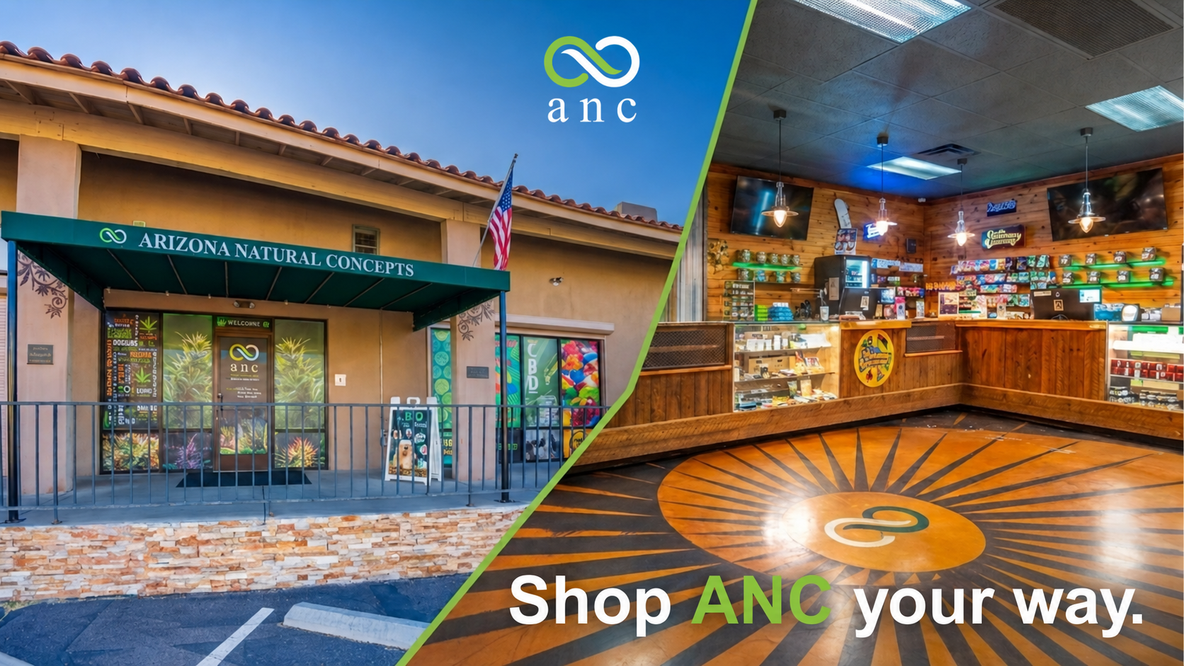 Arizona Natural Concepts dispensary exterior and interior with Shop ANC your way branding